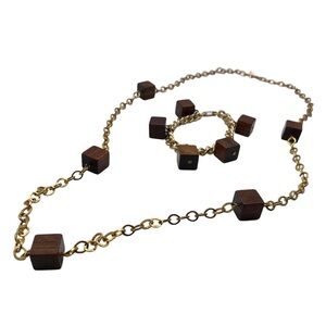 Vintage MCM Square Wooden Gold Tone Link Necklace and Bracelet Set